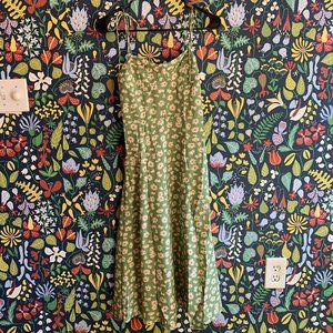 Green Floral Tie Straps Midi Dress